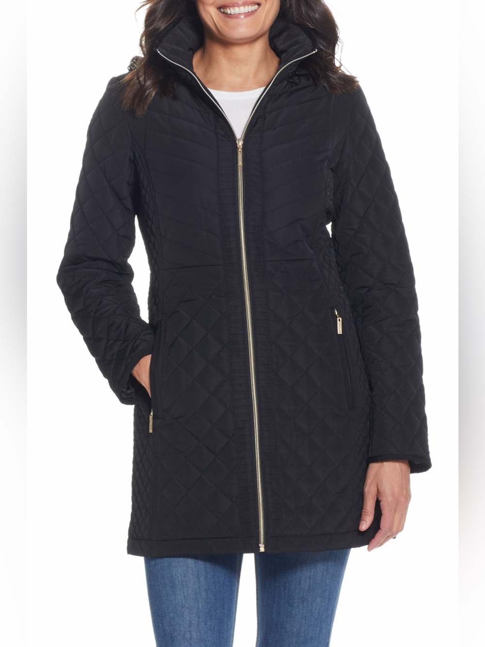 NWT Gallery Black Quilted Jacket with Removable Hood – Size XL